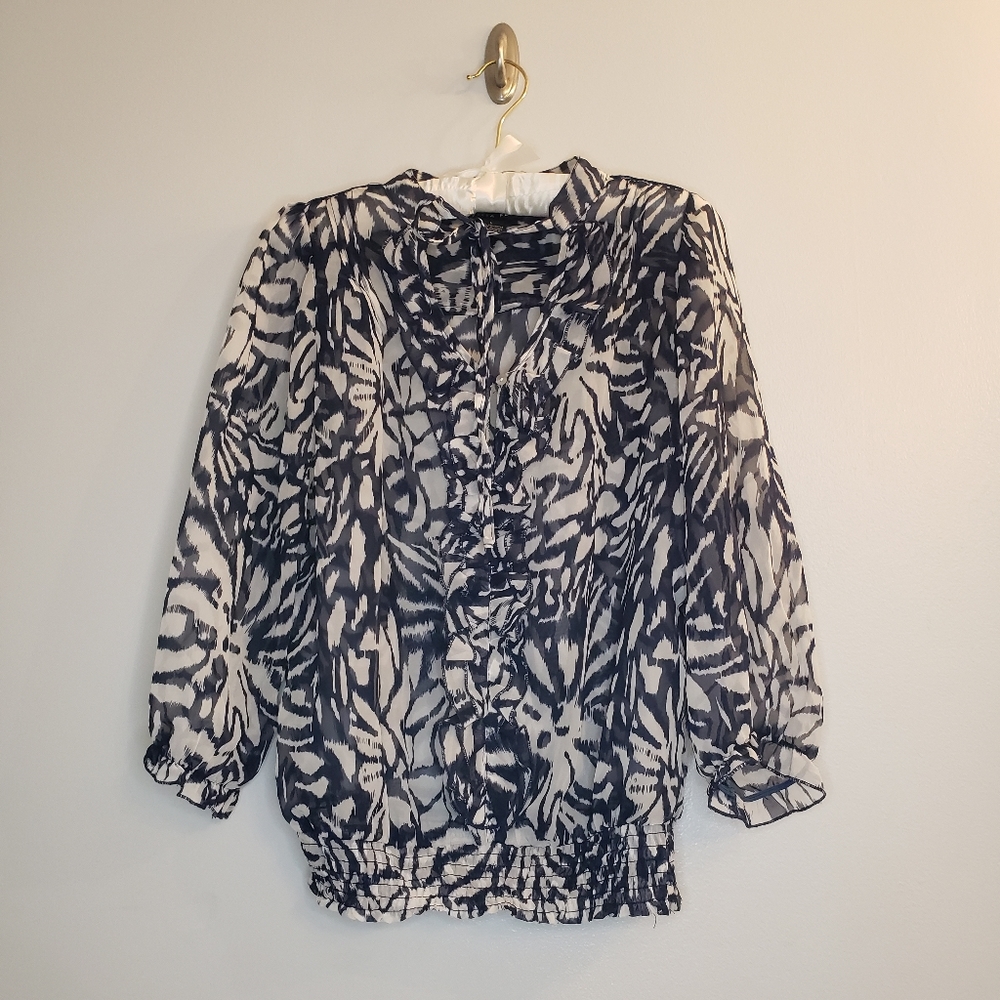 Antilia Femme Tie Top Blouse, 3/4 Length Sleeves, Navy & White, VGUC, Size L